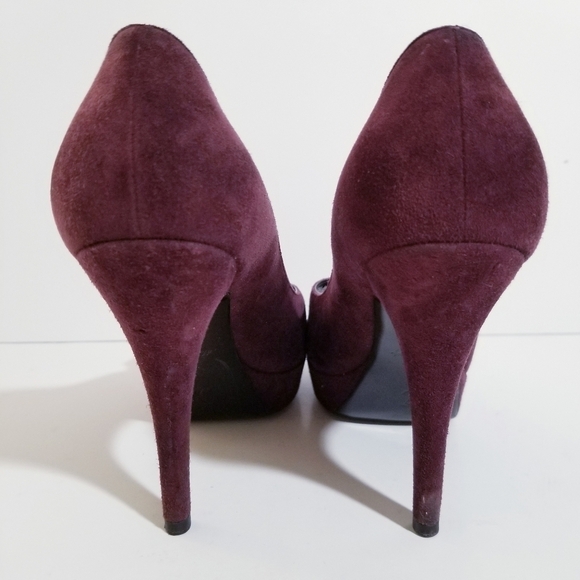 LOUIS VUITTON Chelsea Open Toe Aubergine Suede Leather Pumps 37 US 7 - Picture 14 of 16